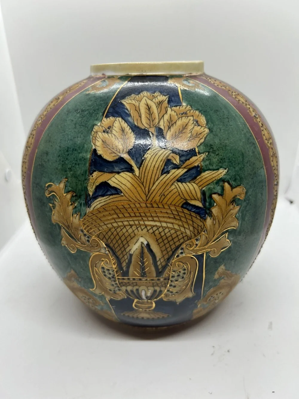 Vintage Decorative Floral Globe Vase in Green, Navy & Gold - Picture 1 of 11